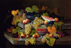 Stilleven van Meloen, Pruimen, Druiven, Perziken, Kersen, Aardbeien enz. op Stenen Ledges